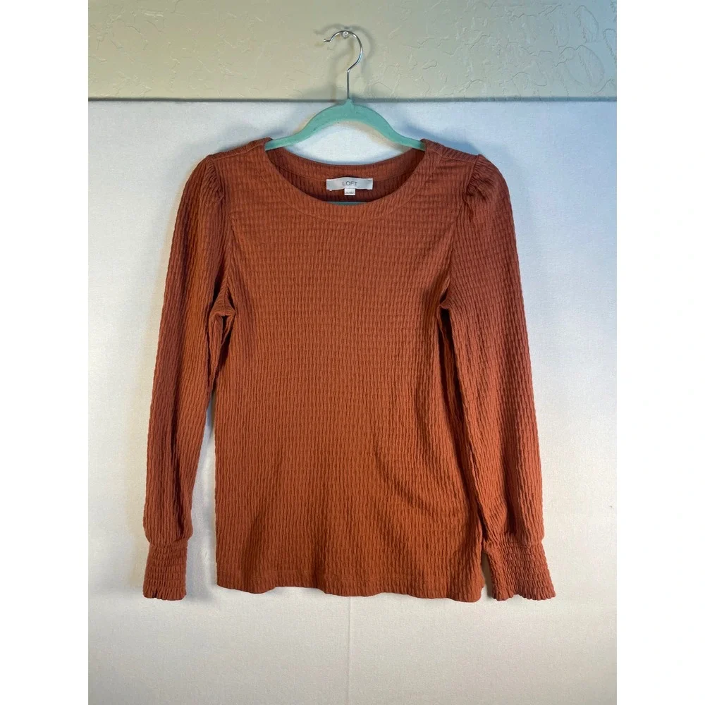 LOFT Womens Rust Orange Textured Puff Sleeve Smocked Cuff Top Medium G115
